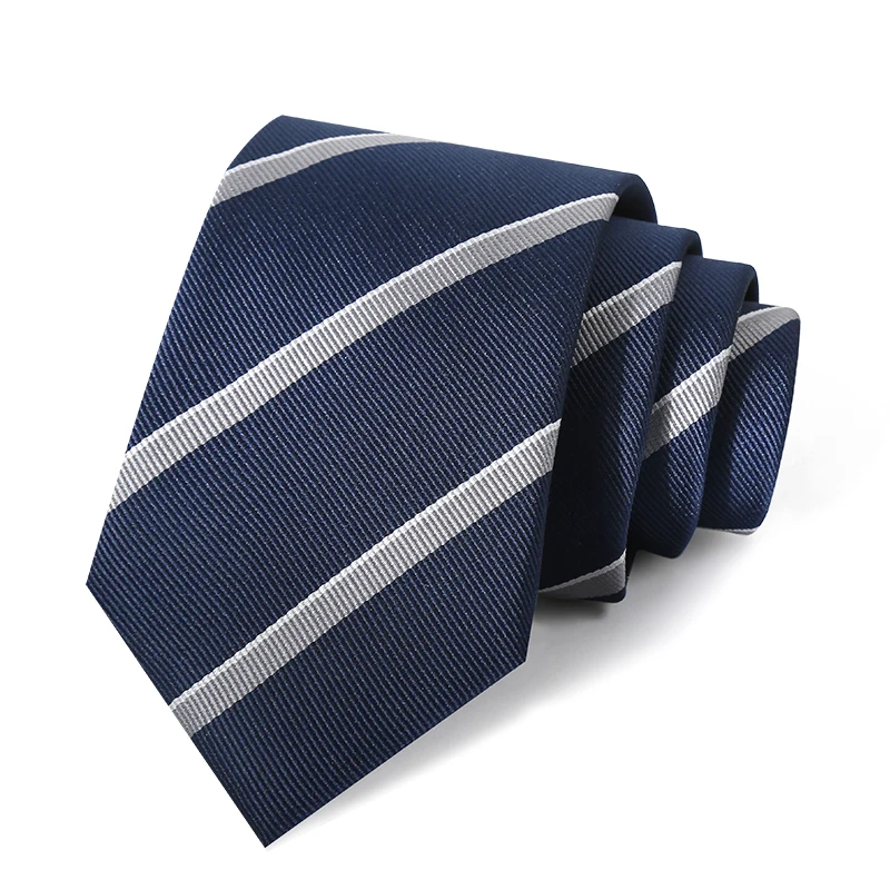 

2024 Designer Brand 7CM Navy Blue Striped Tie For Men's Wedding Business Suit Polyester Luxury Necktie With Gift Necktie