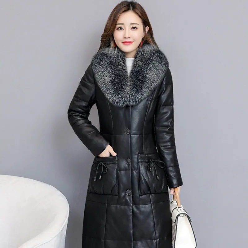 Faux Fox Fur Collar PU Leather Jacket Womens Elegant Luxury Plus Size S-4XL Ladies Long Parkas Coat Slim Fit Warm Winter Clothes