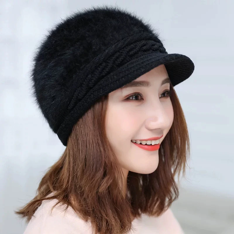 FashionWomen Hats For Cold Winter Crochet Slouchy Beanies Solid Knitted Caps Rabbit Fur Lady Winter Visor Brim Beanie Hat