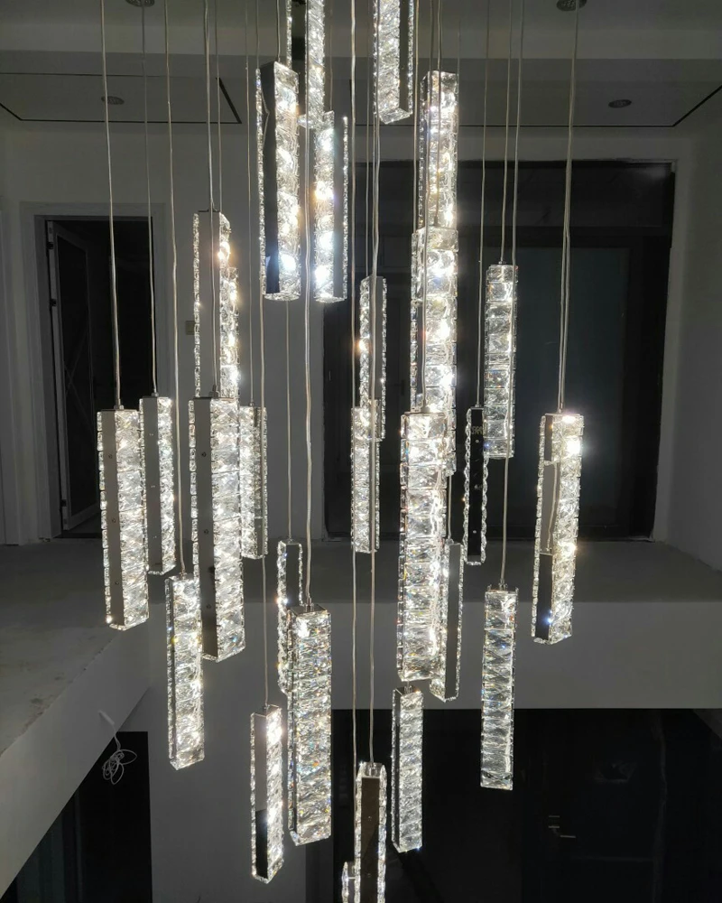 Modern Luxury Golden Silver LED Crystal Chandelier Nordic Duplex Building Spiral Staircase Chandelier Dining Room Art Chandelier