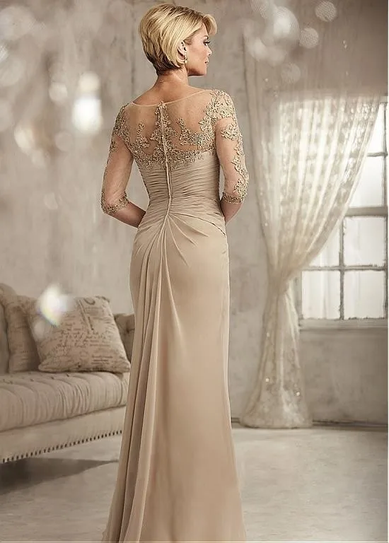 Elegant Beaded Lace Champagne Mother of The Bride Dresses Plus Size Chiffon Half Sleeves Groom Mother Evening Dress For Wedding