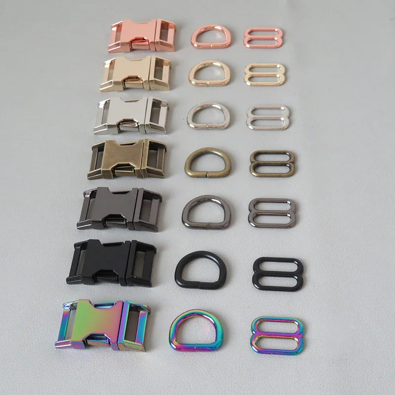 10Sets 15mm 20mm 25mm Dog Collar Paracord Hardware Metal D Ring Slider Belt Loop Release Buckle Clasp Outdoor Harness Accessory