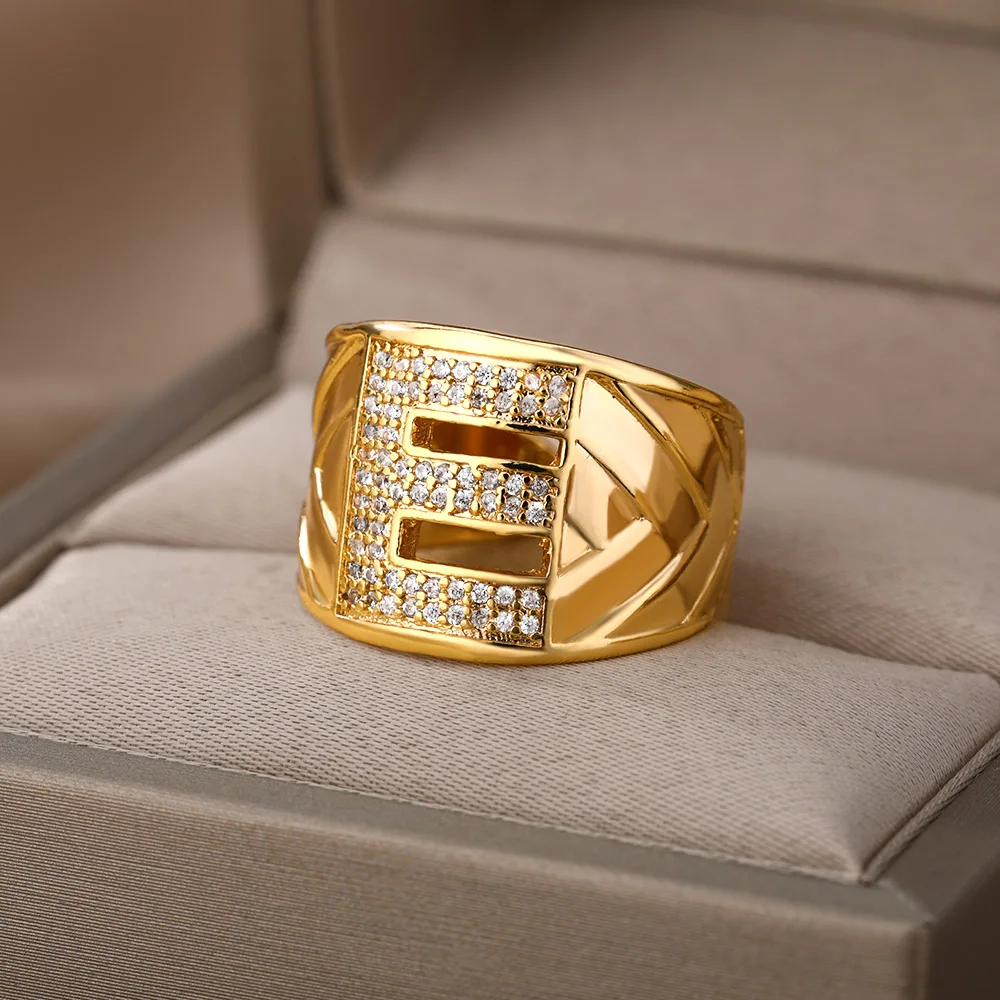 Chunky Wide Hollow A-Z Letter Rings For Women Zircon Adjustable Gold Color Opening Ring Initials Alphabet Female Party Jewelry image 2