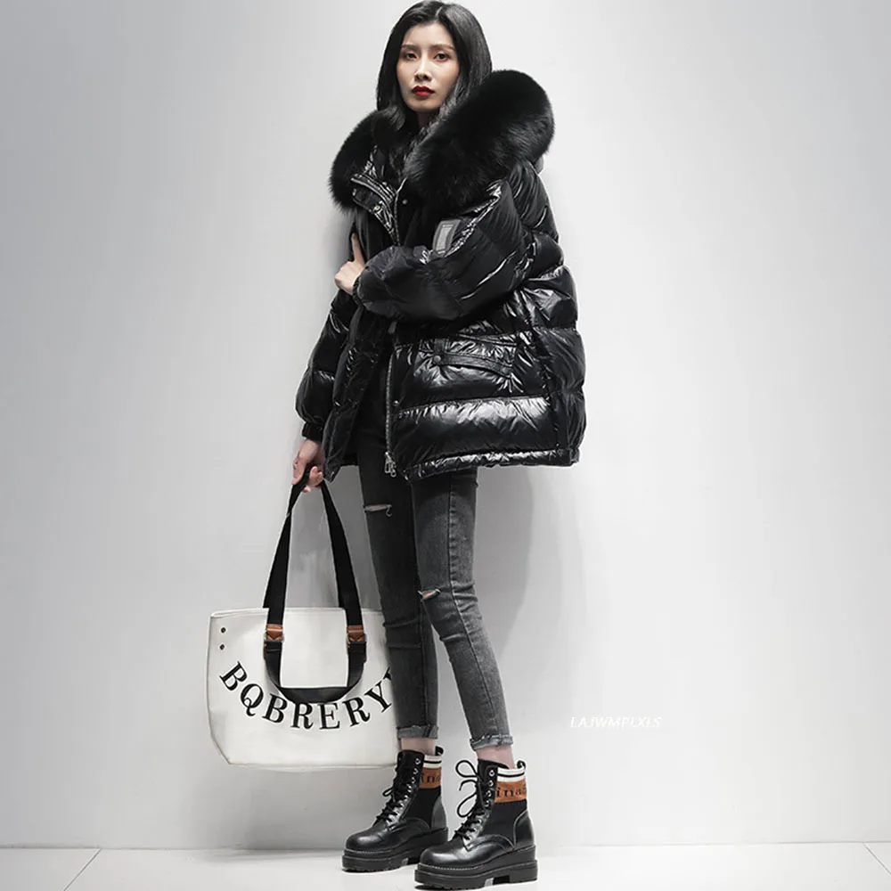 Large Natural Hooded Fur Hooded Down Coat Women Thick Loose Jacket Winter 90% Duck Feather Down Parka Femal Outerwear