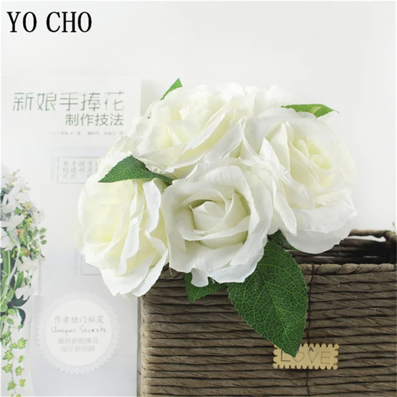 YO CHO European Style Retro Rose Artificial Flowers  Fake Flower  Crinkle Cloth  7 Heads  Purple Silk  Wedding Bouquet Flower