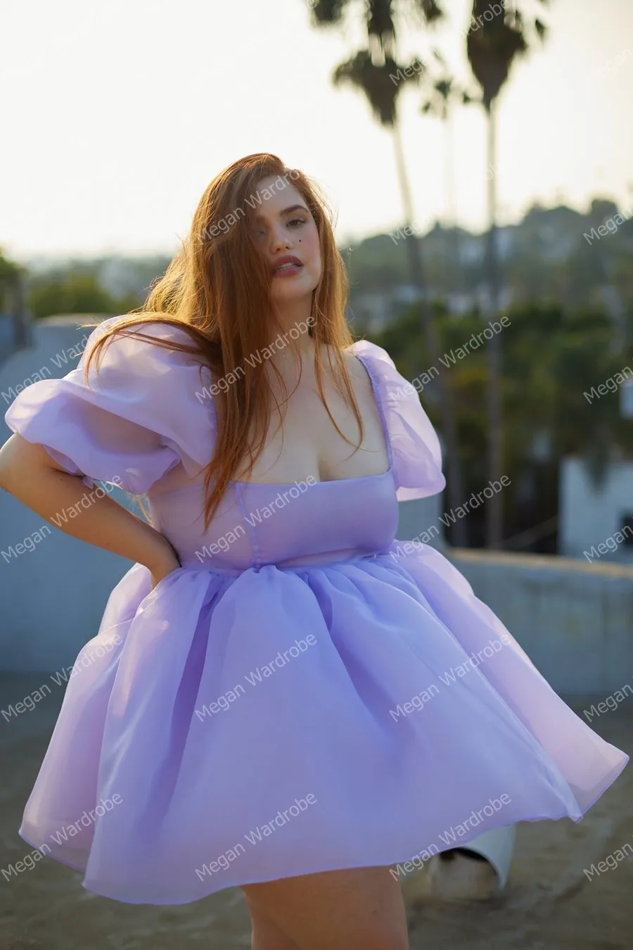 2021 Organza Plus Size Short Dresses For Girls Party Mini Length Puffy Sleeves A Line High Street Designer Organza Lavander Gown