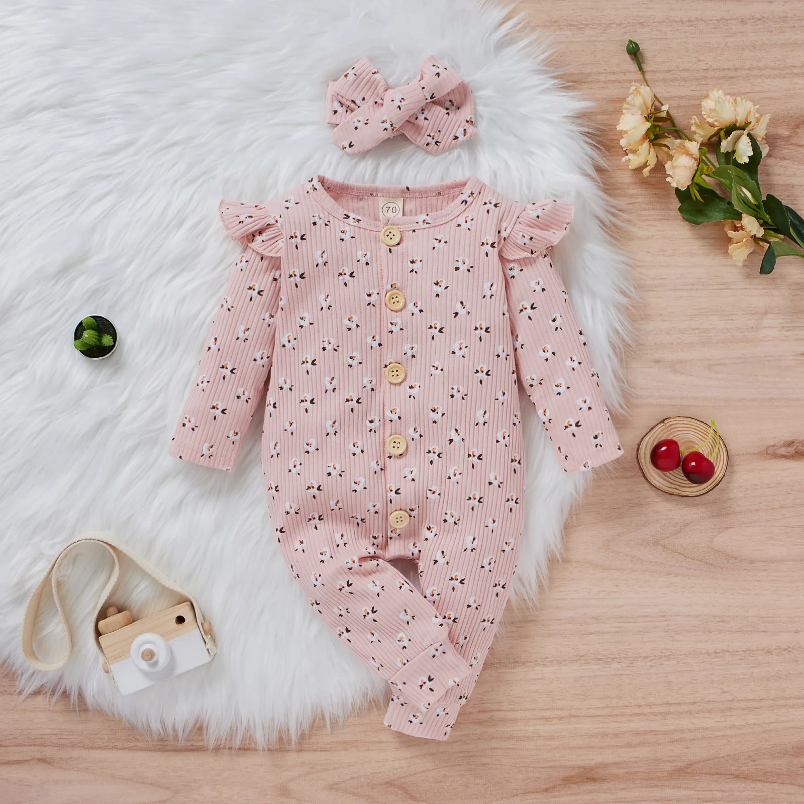 Newborn Baby Girls Romper Cotton Long Sleeve Floral Print Jumpsuit +Headband Sets Outfit Baby Fall Girl Clothing 6 9 12 18 Month