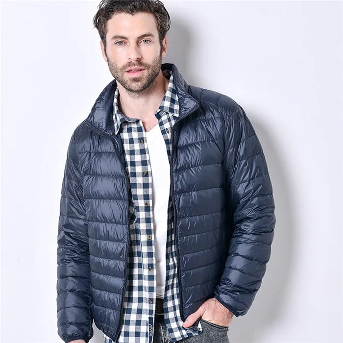 Autumn and Winter Simple Pure Color Lightweight Down Stand Collar Slim Fit Casual Short Sleeved Jacket for Men