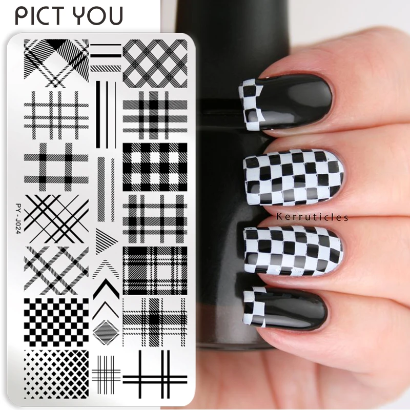 PICT SIE Plaid Überprüfen Nagel Stanzen Platten Weihnachten Tiger Zebra Marmor Muster Nail art Bild Platten Nail Druck Schablone Template