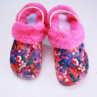 

Rainbow Furry Sandals Women Hole warm Garden Shoes with Fur Sock 2021 Winter New Warm hole shoes fur Slip On winter Sandals Fur