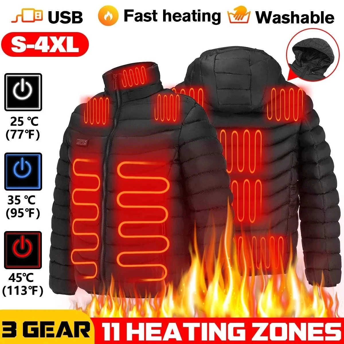 Men 11 Areas Heated Jackets Autumn Winter Warm Flexible Thermal Hooded Jackets Usb Electric Heated Outdoor Vest Coat