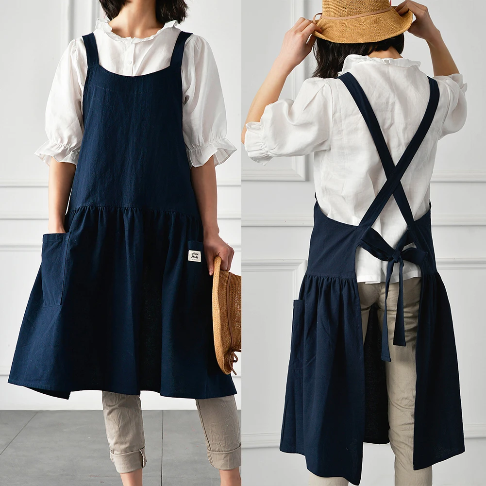 Japanese Style Aprons Cotton Linen Cross Back Sleeveless Aprons Women Men Painting Cooking Aprons with Pockets Household Aprons