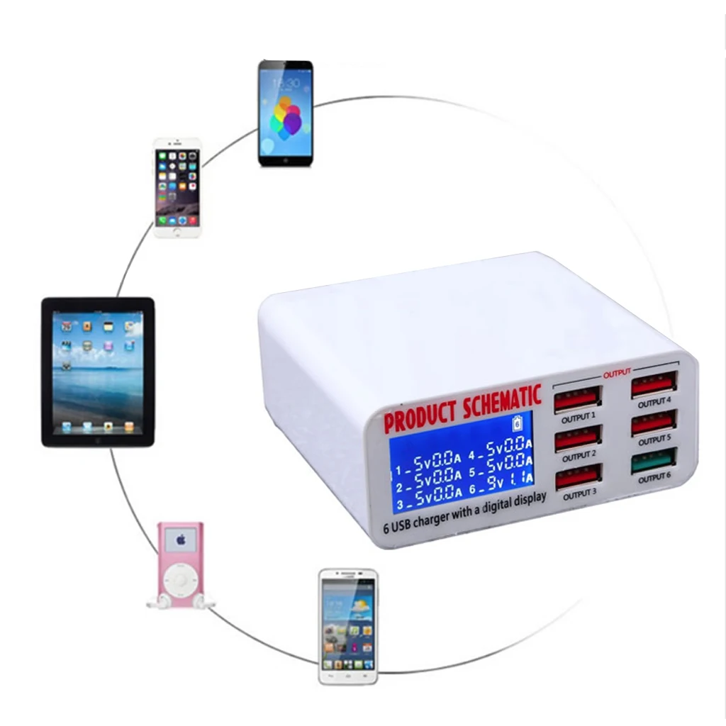 USB Charge 3.0 6-Port 6A USB Charger Adapter Hub Multi Port USB Hub With Charger Dock Station with LCD Display Auto Detect Tech