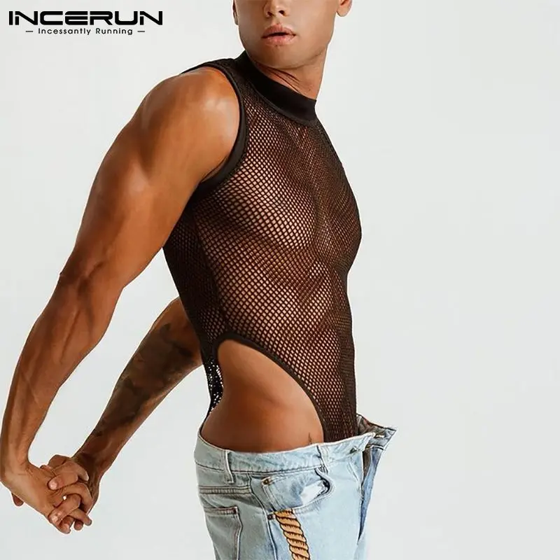 INCERUN Men's Fashion Sleeveless Bib Pants Breathable Mesh Sexy Leisure Bodysuits Comfortable Homewear Triangle Jumpsuit S-5XL 7