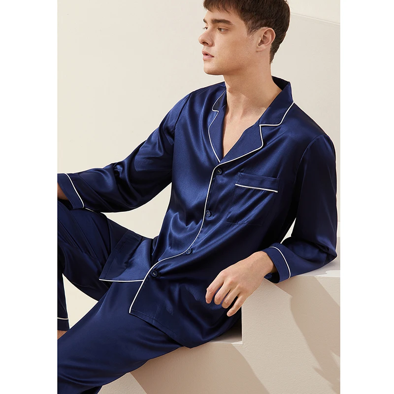 Męskie 100% prawdziwe zestaw jedwabnych piżam dla mężczyzn bielizna nocna Loungewear długi guzik na rękawie w dół PJ z kieszeni luksusowe 19 Momme