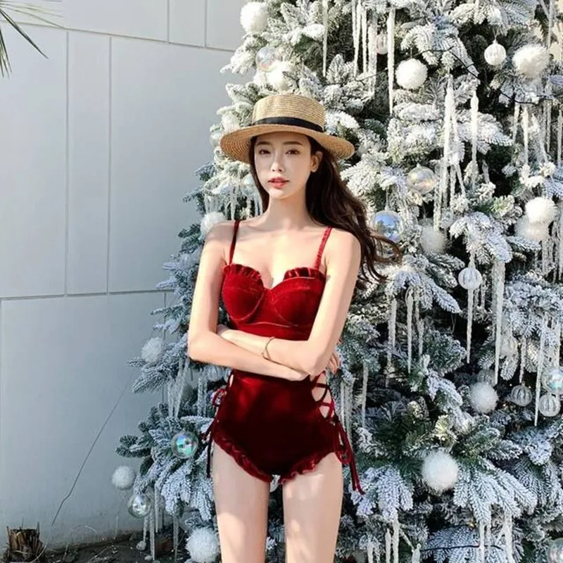 Retro Red Velvet One-Piece Swimsuit, Sexy Suspenders, Bikini, Slim, New, Summer