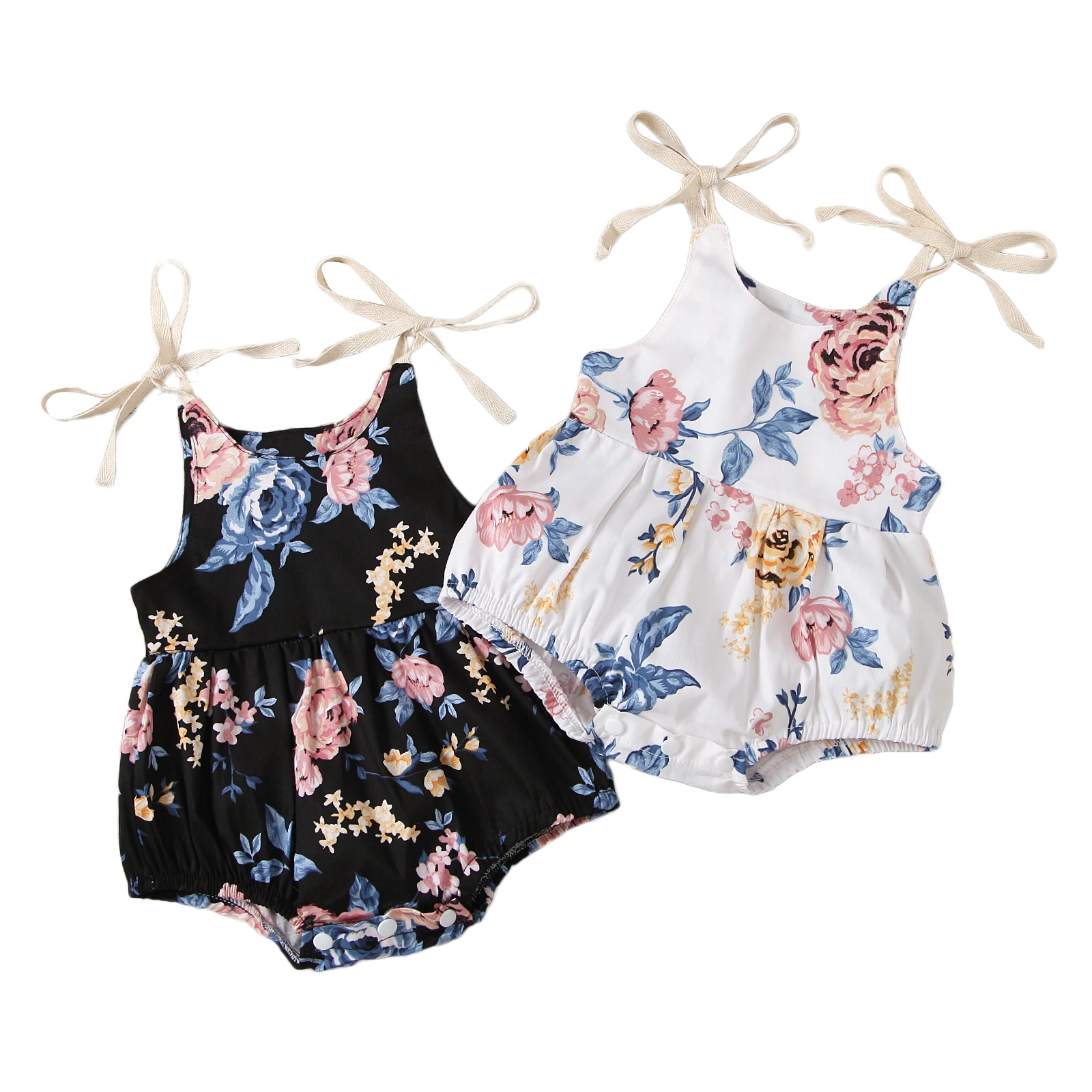 Infant Newborn Baby Girl\u2019s Casual Suspender Jumpsuits Fashion Flower Print Round Neck Bow Lace-Up Triangle Romper