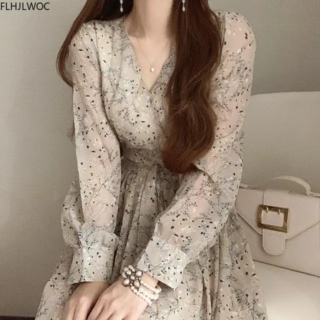 2020 Autumn Basic Long Dress Long Sleeve V Neck Floral Printed Retro Vintage A Line Women Dresses Chic Korea Fashion Vestidos