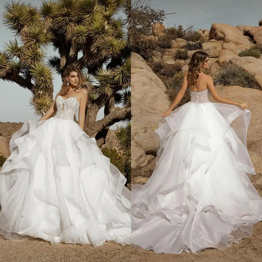 

2021 A Line Wedding Dresses Sweetheart Neck Beading Lace Appliques Bridal Gowns vestidos de novia Ruffles Backless Wedding Dress