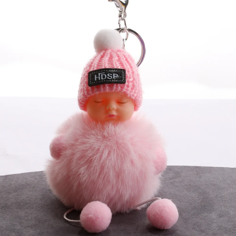 Cute Cartoon Sleeping Doll Keychain Fur Ball Plush KeyChain Keyring Women Handbag Car Key Holder Bag Pendant Toys for Kids Gift