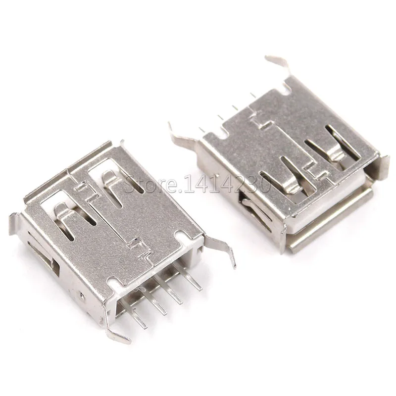 10Pcs USB Type A Female Socket 180 Degrees Vertical 4pins USB Interface Sides Of the Curved Needle