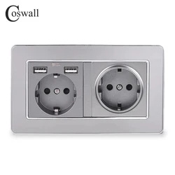 COSWALL Silver Stainless Steel Panel EU Russia Spain Wall Socket With Dual USB Charging Port Gray Grey Color