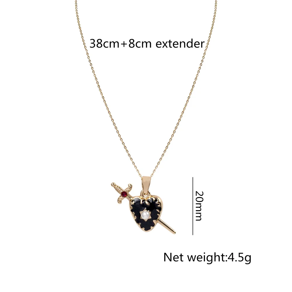 Gothic Gold Color Plating Sword Go Through Black Enamel Heart Charm Delicate Necklace For Women Girl Lovely Chic Unique Jewelry