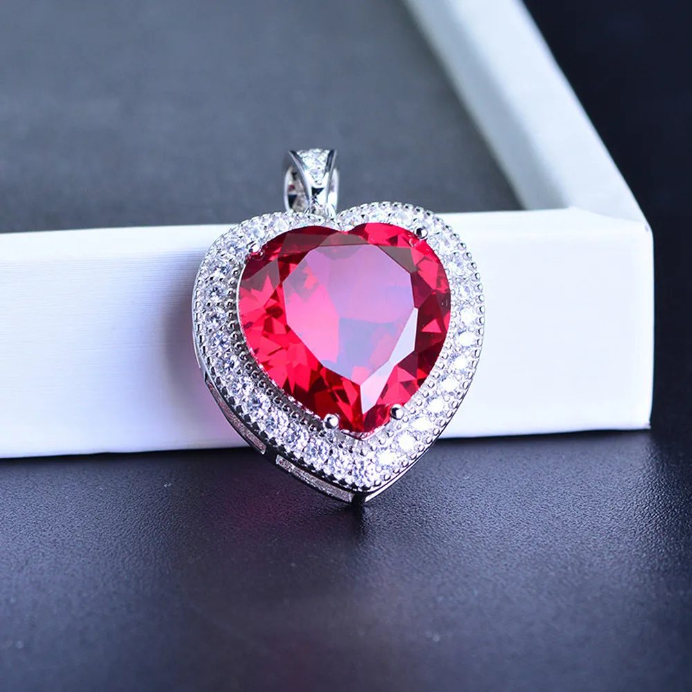 Classical love heart red crystal ruby gemstones diamonds pendant necklaces for women white gold silver color jewelry bijoux gift