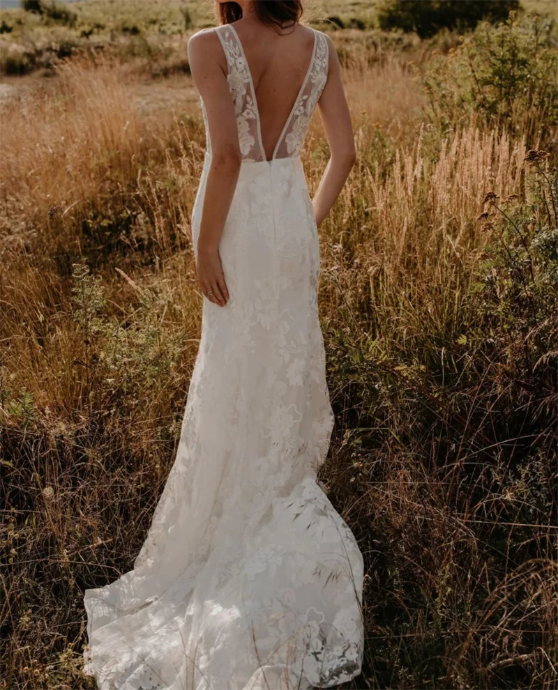 Vestidos de novia corte sirena con escote en V profundo, sin mangas, encaje, vestido de boda con espalda al aire