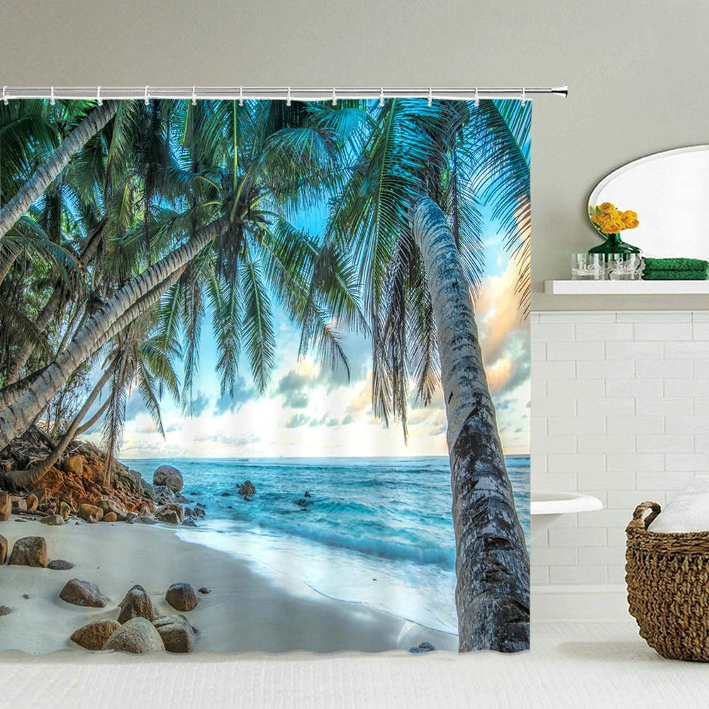 3d Tropical Landscape Shower Curtain Seaside Sunny Palm Tree Ocean Scenery Bathroom Bath Curtains Home Decor Waterproof Screen