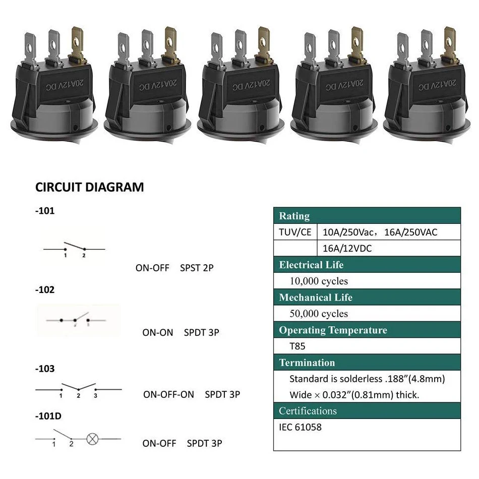 20Pcs 3 Pin 12V 20A Amps Auto Vrachtwagen Rocker Ronde Toggle Led Schakelaar Aan-uit Controle, blauw, Groen, Geel, Rood