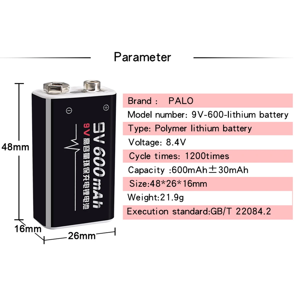 PALO 9V Rechargeable Battery 600mAh Li-ion 9V Battery 6F22 Lithium Battery Batteria High Capacity for Guitar Toys