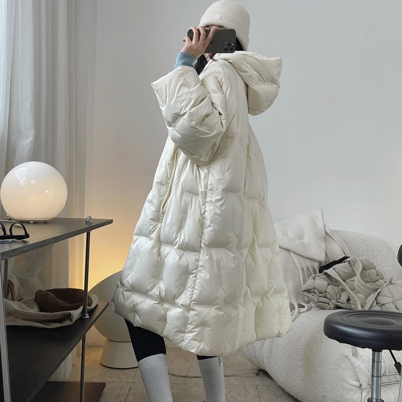 Luxury White Long women\'s winter jackets Newest Fashion Oversized Hooded Female Down coat Ladies feathers Outwear INKEO 1O436