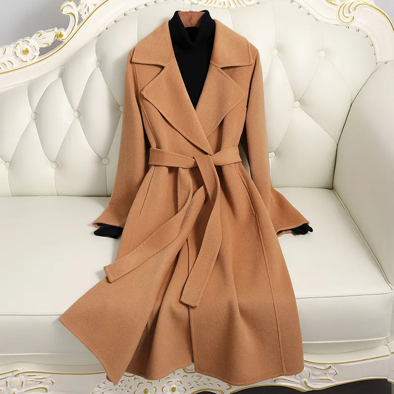 Double-Sided Cashmere Jacket Women Long 2023 Autumn Winter Korean Lace Up Wool Overcoat High-End Slim Woolen Coat Female H1891