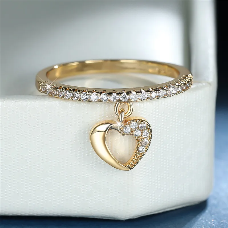 Cute Female Crystal Hollow Heart Pendant Ring Boho Gold Silver Color Engagement Jewelry Zircon Stone Wedding Rings For Women