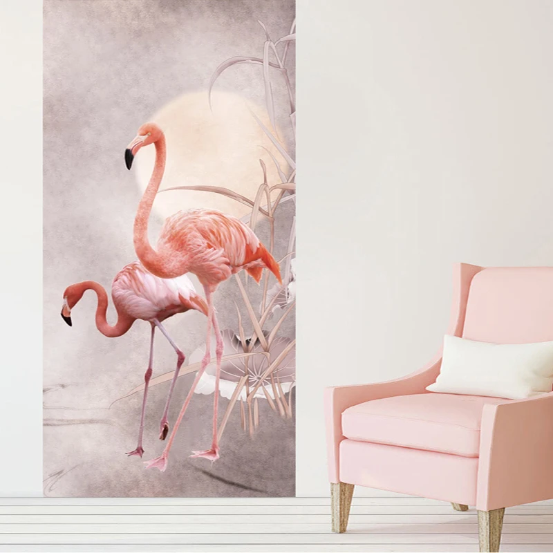 Self-Adhesive Door Sticker 3D Pink Bird INS Nordic Style Wallpaper Bedroom Door Poster PVC Waterproof Sticker Door Decal Murals