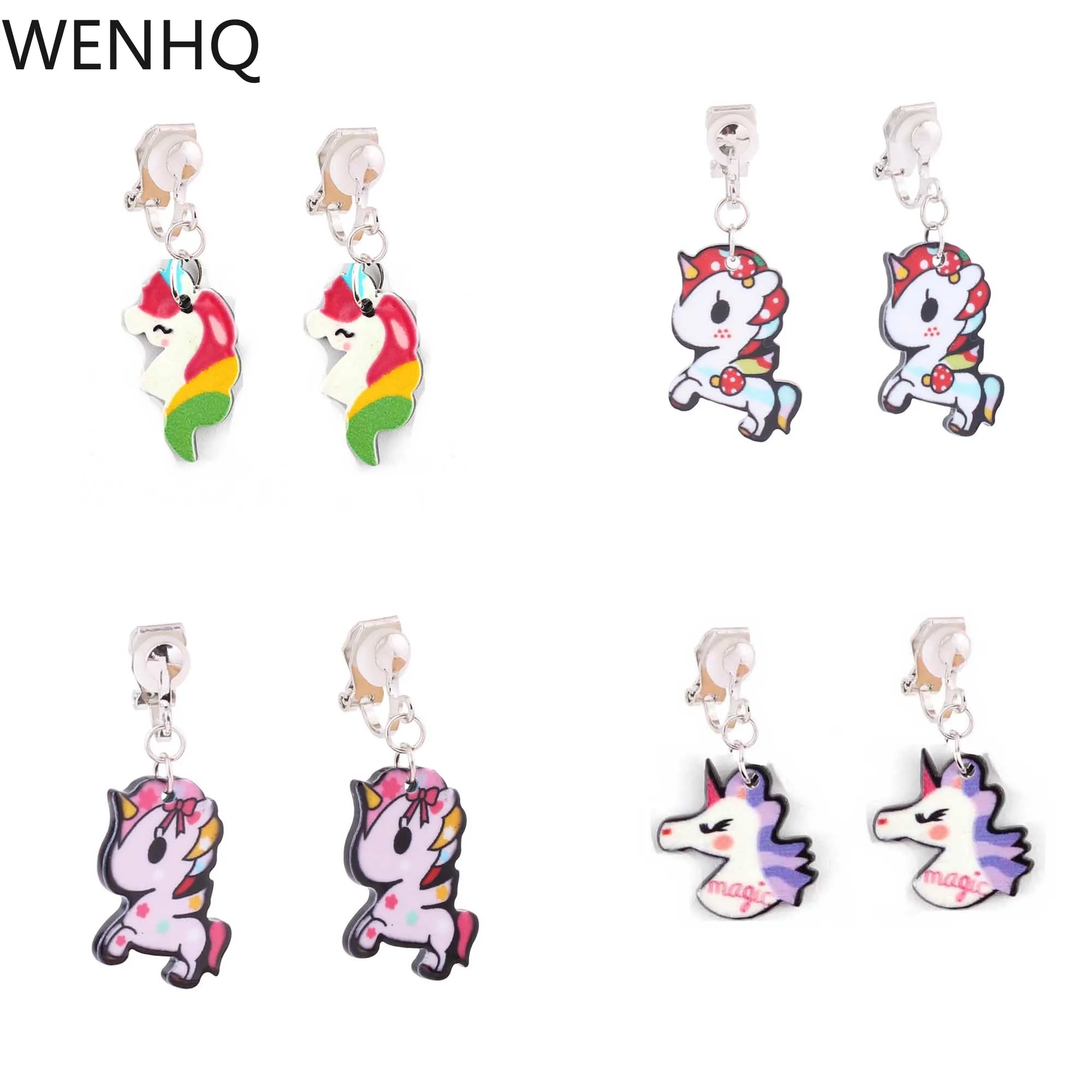 WENHQ 4 Colors Available Horse Unicorn Clip on Earrings for Girl Kids Fashion Cute Party Birthday Hypo-Allergenic Cuff Ear Clip
