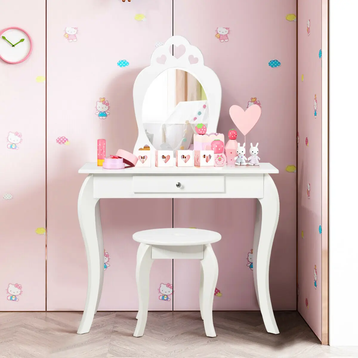 Kids Vanity Set Princess Makeup Dressing Play Table Set W/Mirror for Girls White  HW64356WH