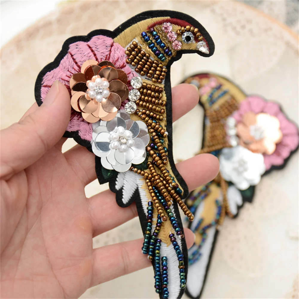 MAXSIN FUN 1 Pc High Quality Handmade Beaded Bird Sticker Sequins Flower Patch Clothes Jeans Decorative DIY Decals Accessories