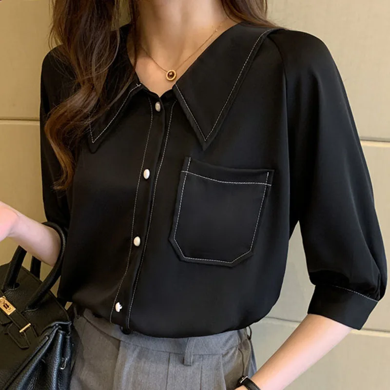 New Doll Collar Sweet Loose French Short Sleeve Chiffon Shirt Fashion Women Clothing Tops Mujer Blusa Blouses Solid Spliced 2710