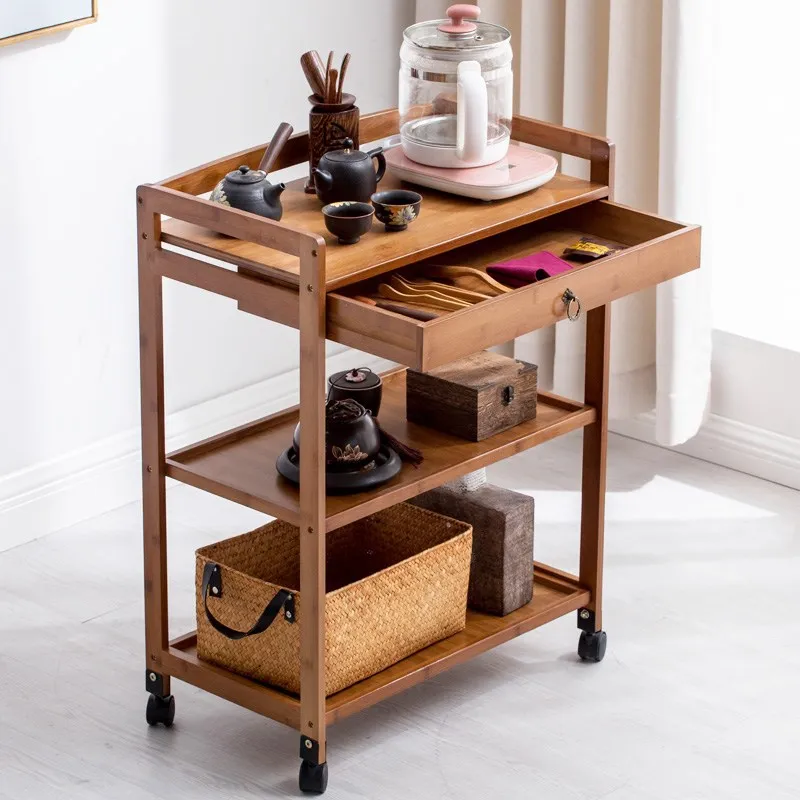 Movable multifunctional kitchen stuff storage cart simple living room tea table sofa small side table wooden home furniture