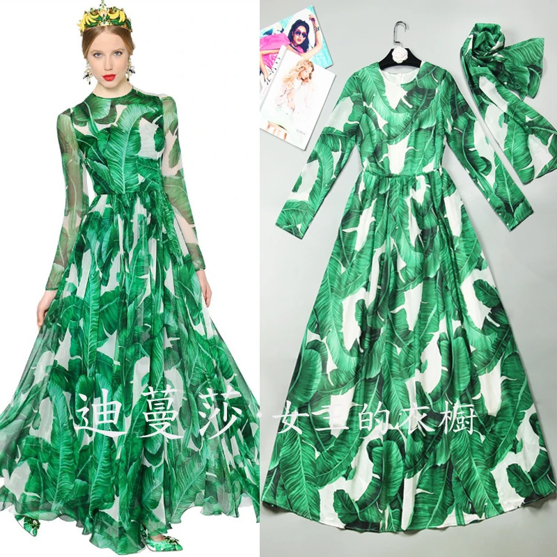 S-3XL High Quality Summer New Fashion Party Banana Leaves Exquisite Printing Elegant Long Dress Women Beach Vacation