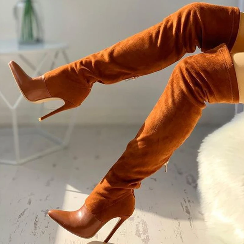 Brown Sexy Woman Thigh High Boots Fashion Thin High Heel Suede Over The Knee Boots 2021 Autumn Female Shoes 11cm Plus Size 43