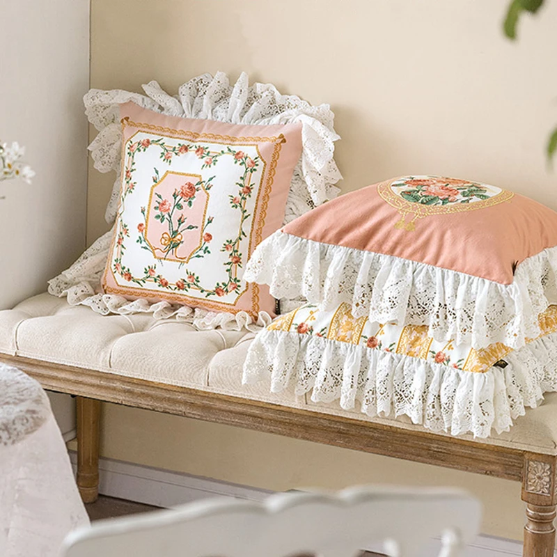 Romantic Rose French American Pillowcase Light Luxury English Living  Room Sofa Back Cushion Bedside Lace Pillowcase
