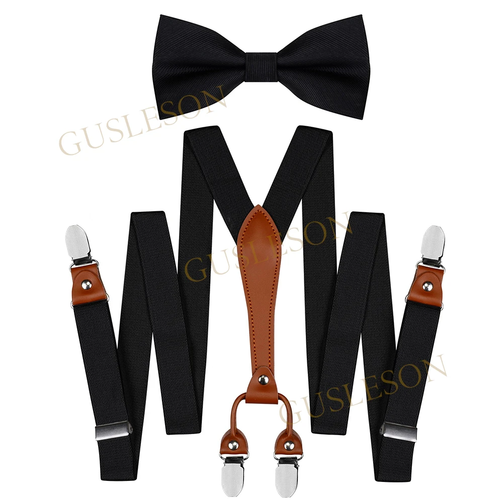 Fashion Men's Elastic Band Suspenders Braces Vintage Casual Suspenders Bow tie Set Strap bretele Father Husband's Gift