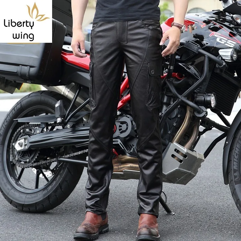 2020 High Quality Fashion Genuine Leather Mens Slim Fit Motorcycle Trousers Casual Pocket Men Pencil Pants