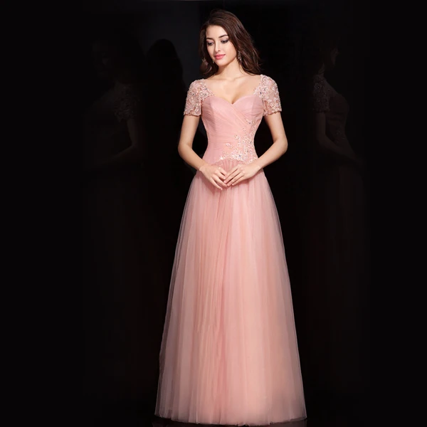 short sleeve vestido longo hot sexy long pink appliques tulle Formal gowns 2025 prom gown robe de soiree bridesmaid dresses