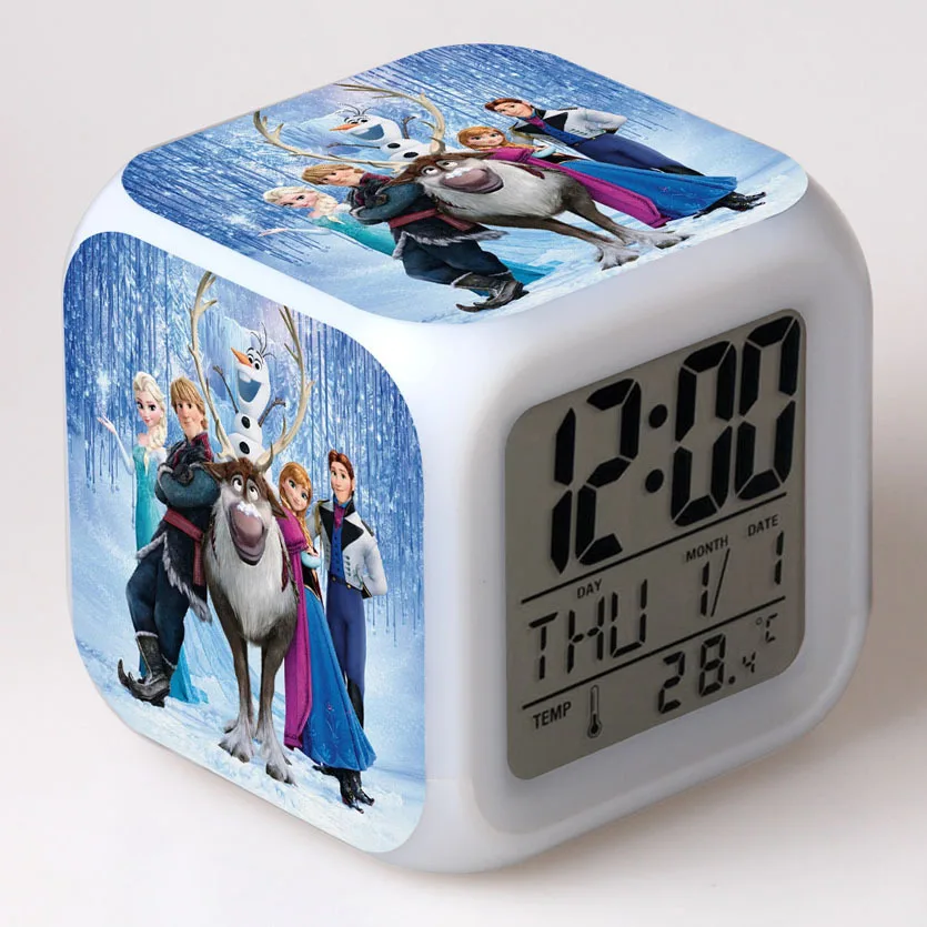 Frozen 2 Colorful LED Luminous Creative Alarm Clock Disney Anime Figure Elsa Anna Olaf Pattern Girls Toys Child\'s Birthday Gifts