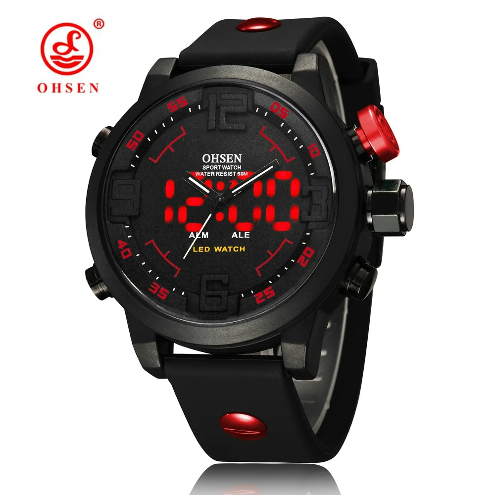 OHSEN Fashion Outdoor Sport Watch Men Multi function 5 Bar Waterproof Military Red Digital Wristwatches Clock Relogio Masculino