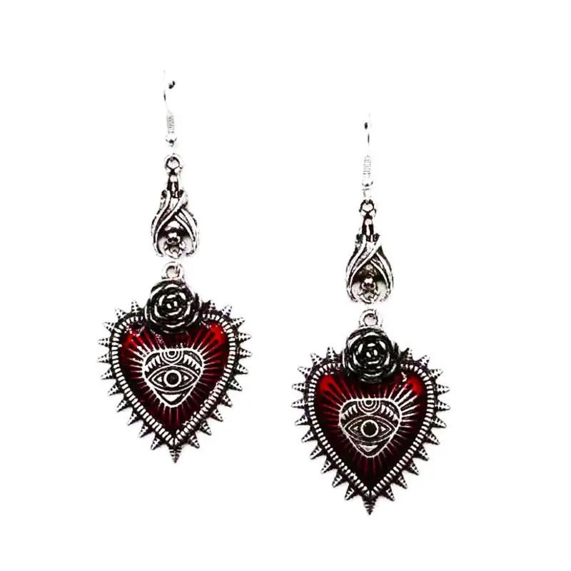 Vintage Lolita Gothic Evil Eye Red Heart Earrings for Women Halloween Cosplay